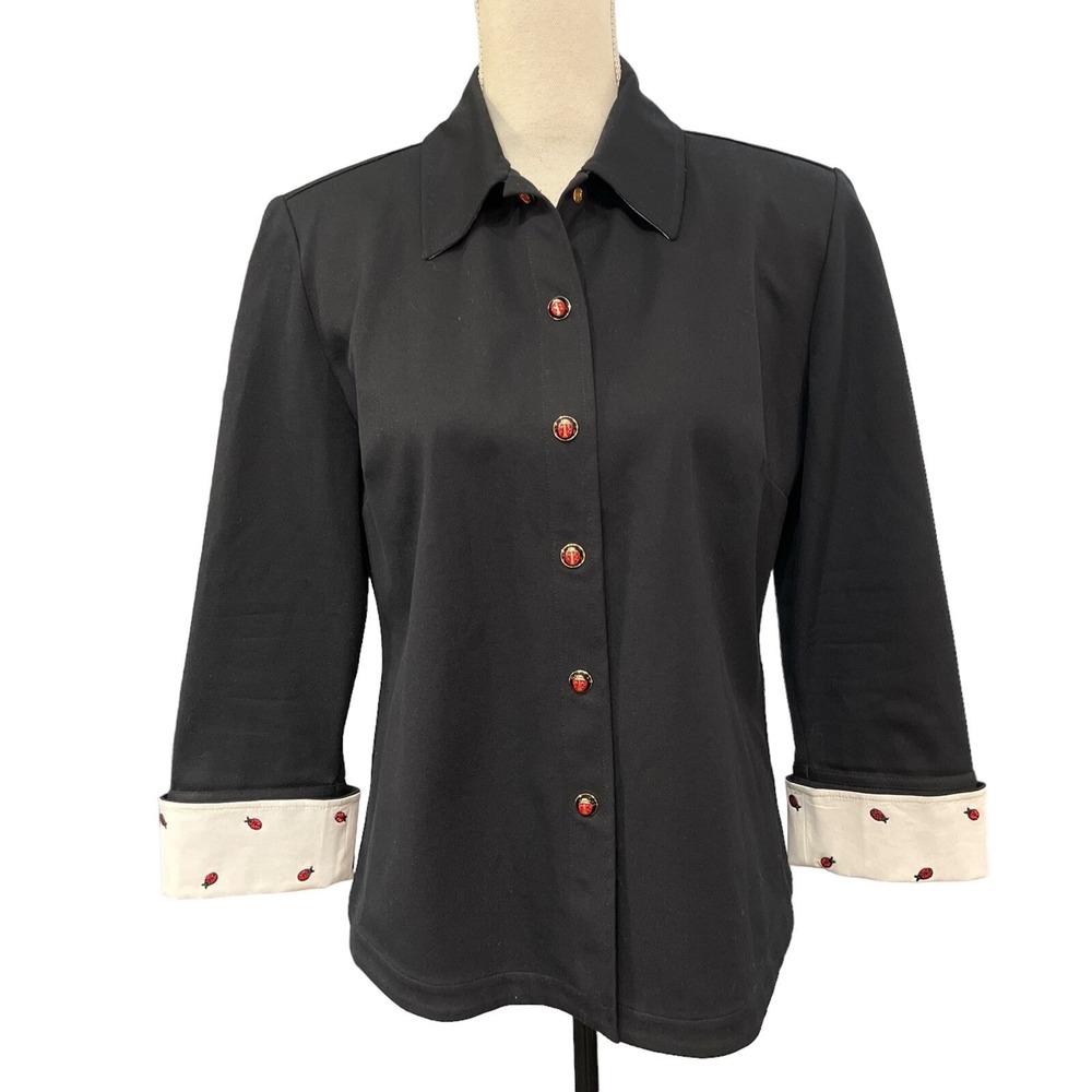 St John Sport Jacket Women S Black Ladybug‎ Buttons Embroidered Flip Cuff Preppy
